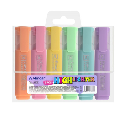 Набор текстовыделителей 6 цветов пастель Alingar HIGHlighter скошенный пластиковый пенал
