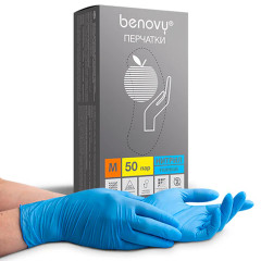 Перчатки нитриловые смотровые 50 пар (100 штук) размер M  голубые BENOVY Nitrile Chlorinated