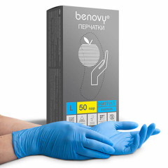Перчатки нитриловые смотровые 50 пар 100 штук L голубые BENOVY Nitrile Chlorinated