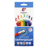 Карандаши цветные 12 цветов Луч Классика цвета шестигранные стираемые с ластиком