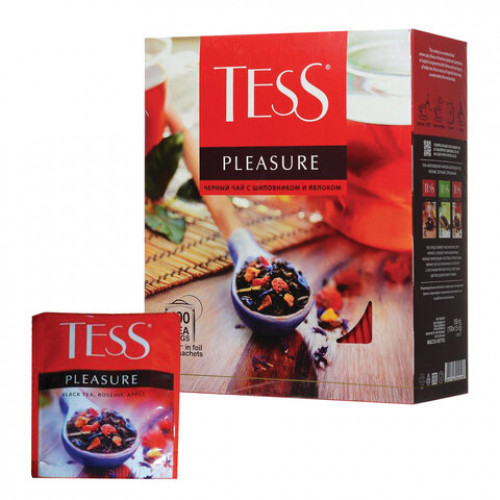 Чай TESS Pleasure черный с шиповником, яблоком, лимонным сорго 100 пакетиков в конвертах по 1,5 г